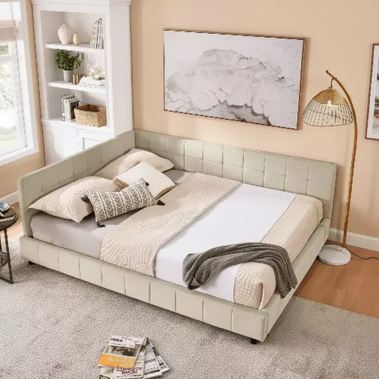 TUYOHW Mid-Century Velvet Daybed, Upholstered Sofa Bed Frame with Eucalyptus Wood Platform Bed Structure, Tufted Queen Size Bed with Headboards