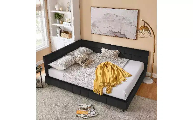 Daybed in Velluto Stile Mid-Century, Divano Letto Imbottito con Base in Legno di Eucalipto e Testiera Trapuntata Queen Size