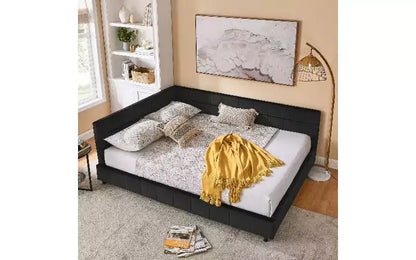 Daybed in Velluto Stile Mid-Century, Divano Letto Imbottito con Base in Legno di Eucalipto e Testiera Trapuntata Queen Size
