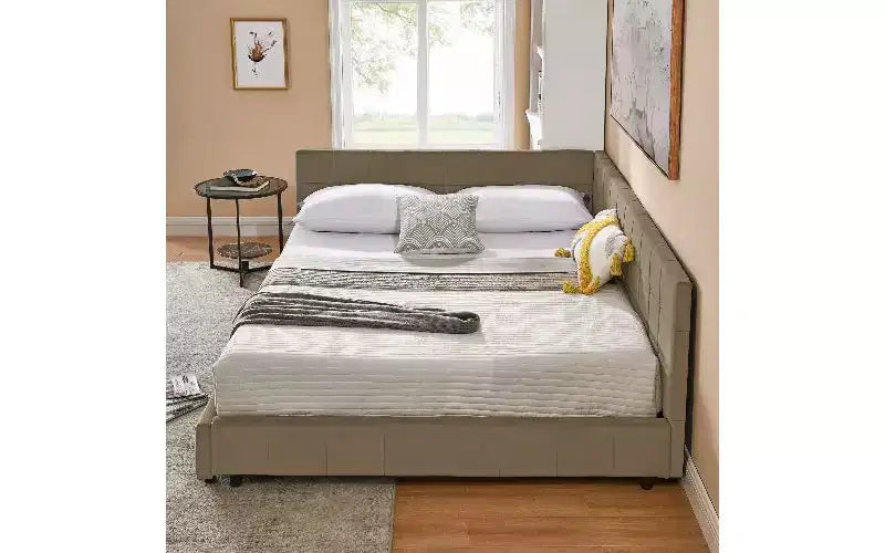 Daybed in Velluto Stile Mid-Century, Divano Letto Imbottito con Base in Legno di Eucalipto e Testiera Trapuntata Queen Size