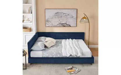 Daybed in Velluto Stile Mid-Century, Divano Letto Imbottito con Base in Legno di Eucalipto e Testiera Trapuntata Queen Size