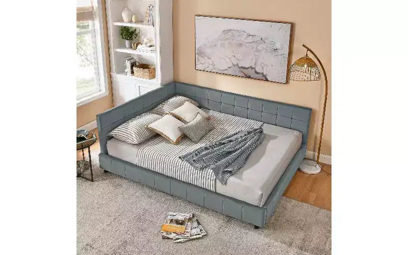 Daybed in Velluto Stile Mid-Century, Divano Letto Imbottito con Base in Legno di Eucalipto e Testiera Trapuntata Queen Size