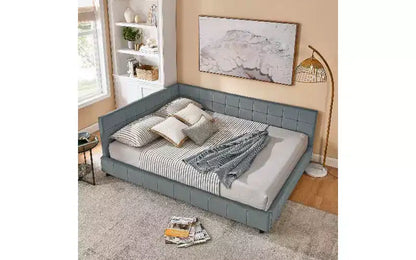 Daybed in Velluto Stile Mid-Century, Divano Letto Imbottito con Base in Legno di Eucalipto e Testiera Trapuntata Queen Size