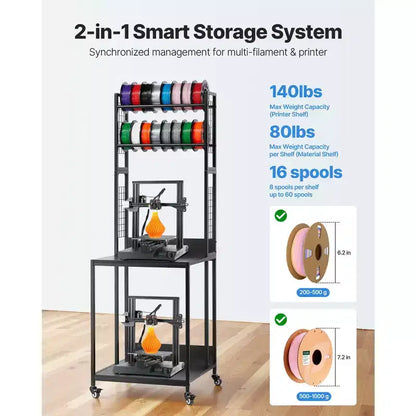 Supporto per stampante 3D a 4 livelli con contenitore per filamenti, carrello porta-bobine con ruote, nero