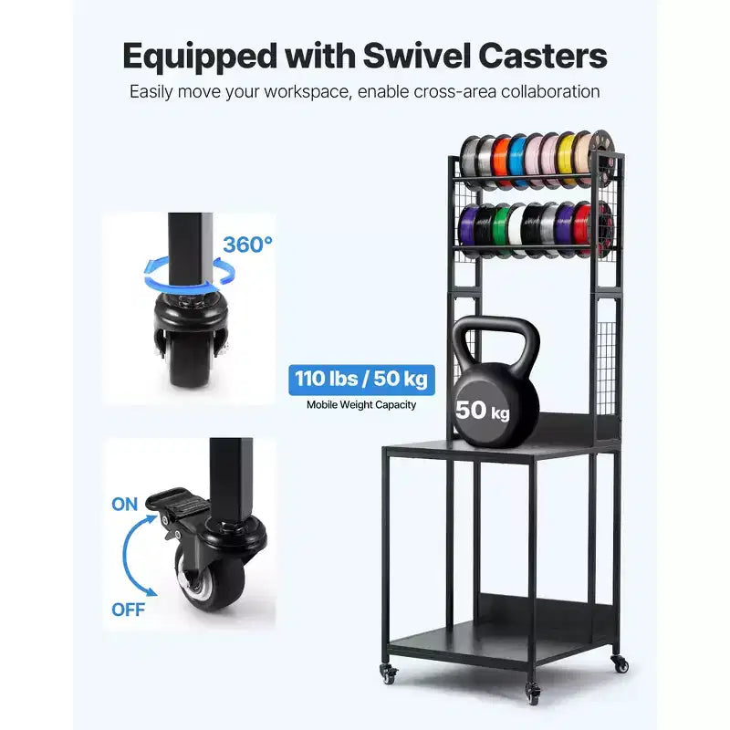 Supporto per stampante 3D a 4 livelli con contenitore per filamenti, carrello porta-bobine con ruote, nero