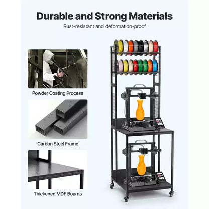 Supporto per stampante 3D a 4 livelli con contenitore per filamenti, carrello porta-bobine con ruote, nero