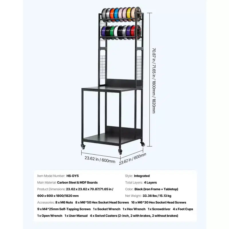 Supporto per stampante 3D a 4 livelli con contenitore per filamenti, carrello porta-bobine con ruote, nero