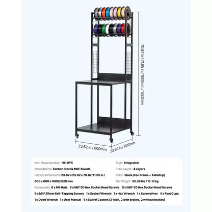 Supporto per stampante 3D a 4 livelli con contenitore per filamenti, carrello porta-bobine con ruote, nero