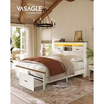 Struttura letto matrimoniale con testiera contenitore, 4 cassetti, silenziosa, senza bisogno di rete, bianco rustico