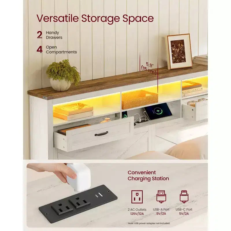Struttura letto matrimoniale con testiera contenitore, 4 cassetti, silenziosa, senza bisogno di rete, bianco rustico
