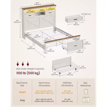 Struttura letto matrimoniale con testiera contenitore, 4 cassetti, silenziosa, senza bisogno di rete, bianco rustico