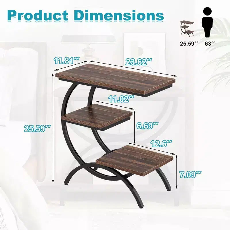 Tavolino a C Industriale, Tavolino Laterale a 3 Ripiani con Piano Marrone Rustico e Struttura in Metallo Nero, H 65 cm