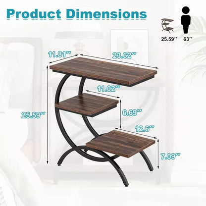 Tavolino a C Industriale, Tavolino Laterale a 3 Ripiani con Piano Marrone Rustico e Struttura in Metallo Nero, H 65 cm