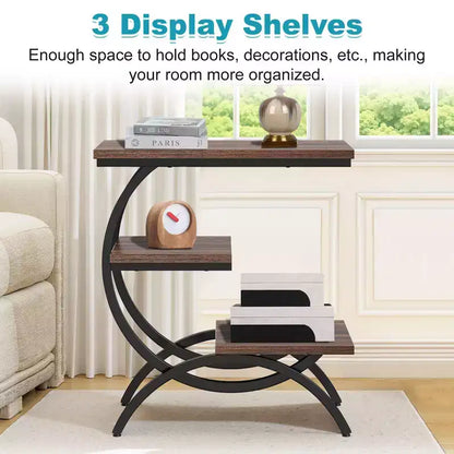 Tavolino a C Industriale, Tavolino Laterale a 3 Ripiani con Piano Marrone Rustico e Struttura in Metallo Nero, H 65 cm