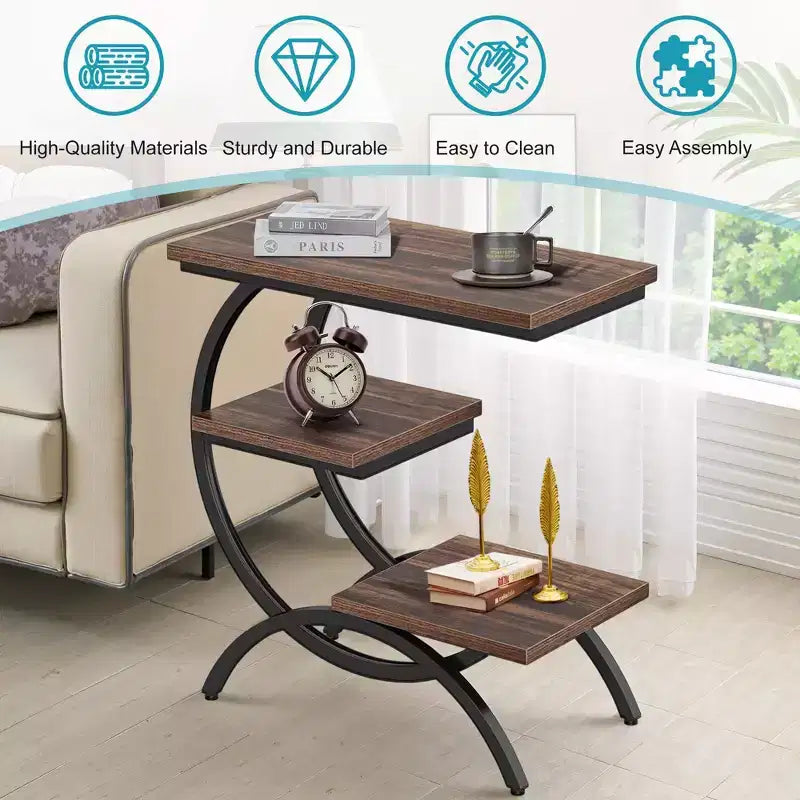 Tavolino a C Industriale, Tavolino Laterale a 3 Ripiani con Piano Marrone Rustico e Struttura in Metallo Nero, H 65 cm