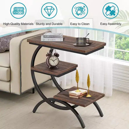Tavolino a C Industriale, Tavolino Laterale a 3 Ripiani con Piano Marrone Rustico e Struttura in Metallo Nero, H 65 cm