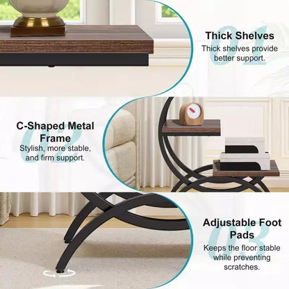 Tavolino a C Industriale, Tavolino Laterale a 3 Ripiani con Piano Marrone Rustico e Struttura in Metallo Nero, H 65 cm