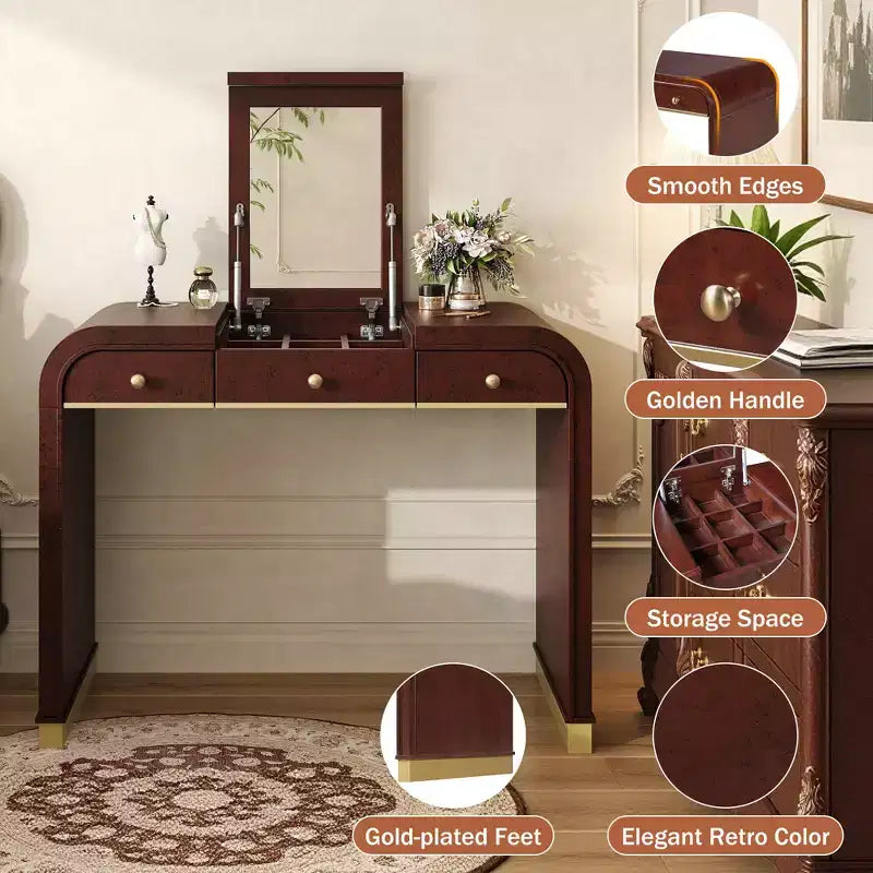 Scrivania vintage in legno con specchio a ribalta e 2 cassetti