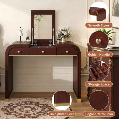 Scrivania vintage in legno con specchio a ribalta e 2 cassetti