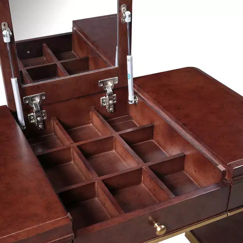 Scrivania vintage in legno con specchio a ribalta e 2 cassetti