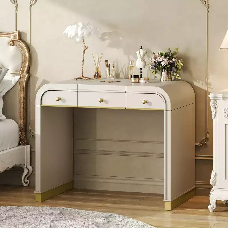 Scrivania vintage in legno con specchio a ribalta e 2 cassetti