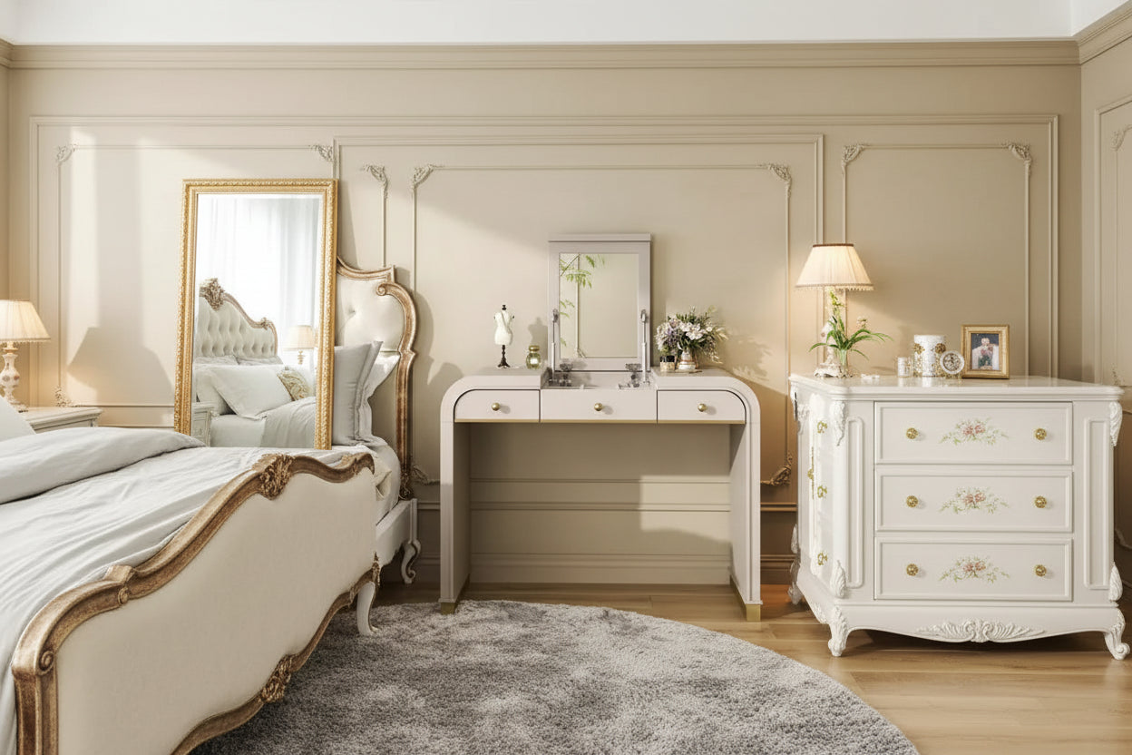 GDFStudio Amelia Vintage Wood Vanity Desk with Flip Mirror and 2 Drawers