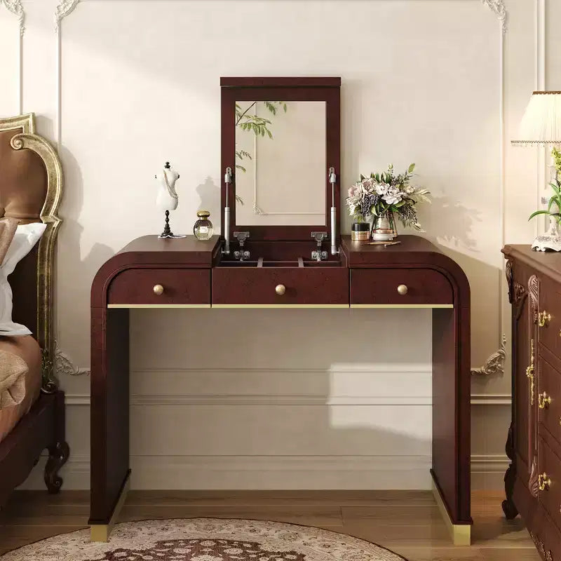 Scrivania vintage in legno con specchio a ribalta e 2 cassetti