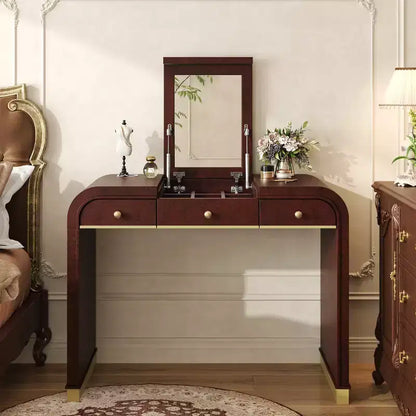 Scrivania vintage in legno con specchio a ribalta e 2 cassetti