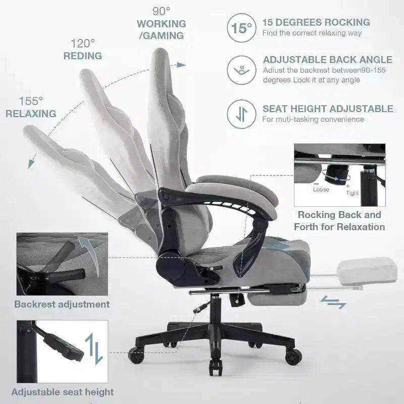 Sedia da computer con supporto lombare regolabile, poggiatesta, poggiapiedi e braccioli con collegamento meccanico