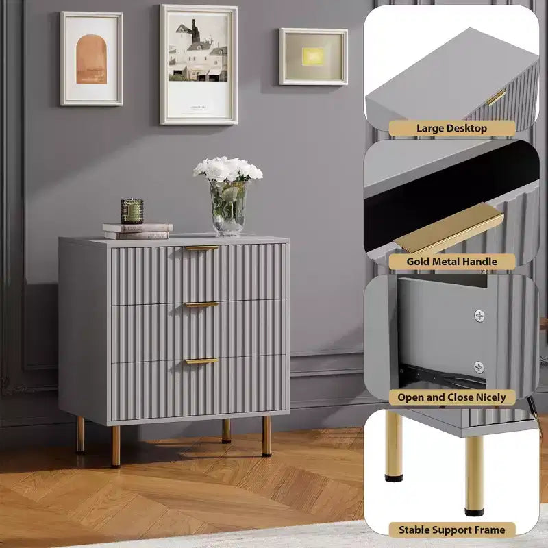 Comò a 3 cassetti per camera da letto, comodino moderno scanalato, cassettiera, organizer in legno, tavolino per soggiorno, corridoio