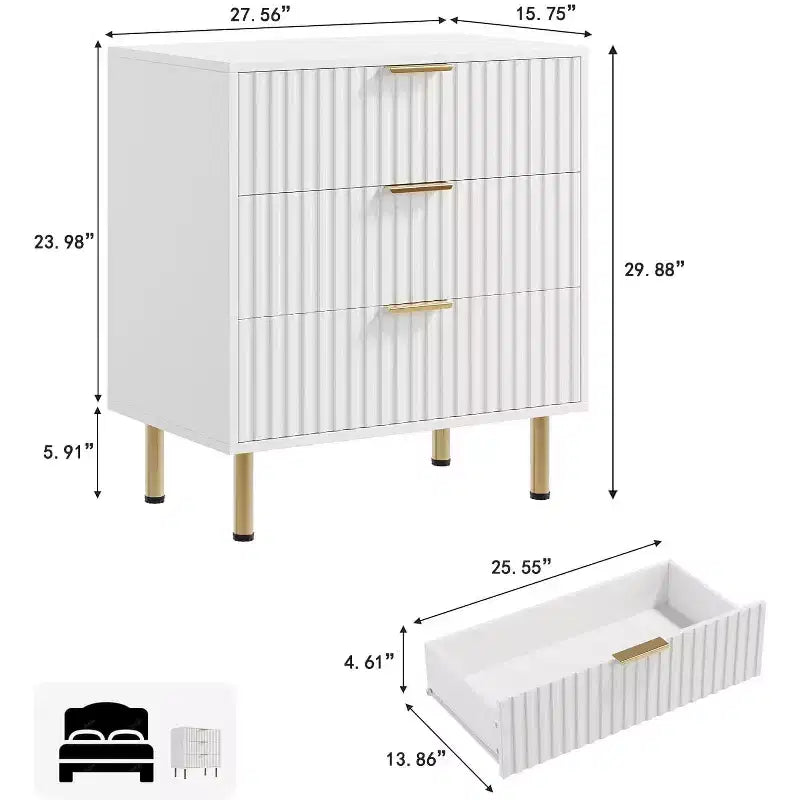 Comò a 3 cassetti per camera da letto, comodino moderno scanalato, cassettiera, organizer in legno, tavolino per soggiorno, corridoio