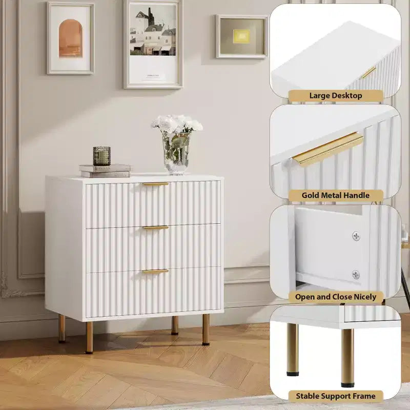Comò a 3 cassetti per camera da letto, comodino moderno scanalato, cassettiera, organizer in legno, tavolino per soggiorno, corridoio