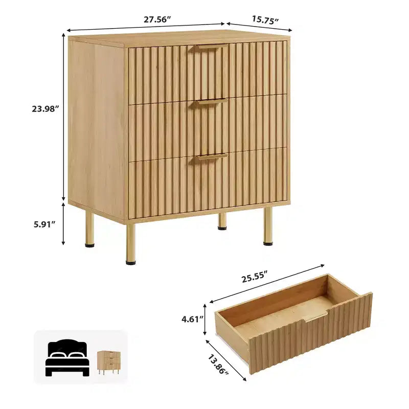 Comò a 3 cassetti per camera da letto, comodino moderno scanalato, cassettiera, organizer in legno, tavolino per soggiorno, corridoio