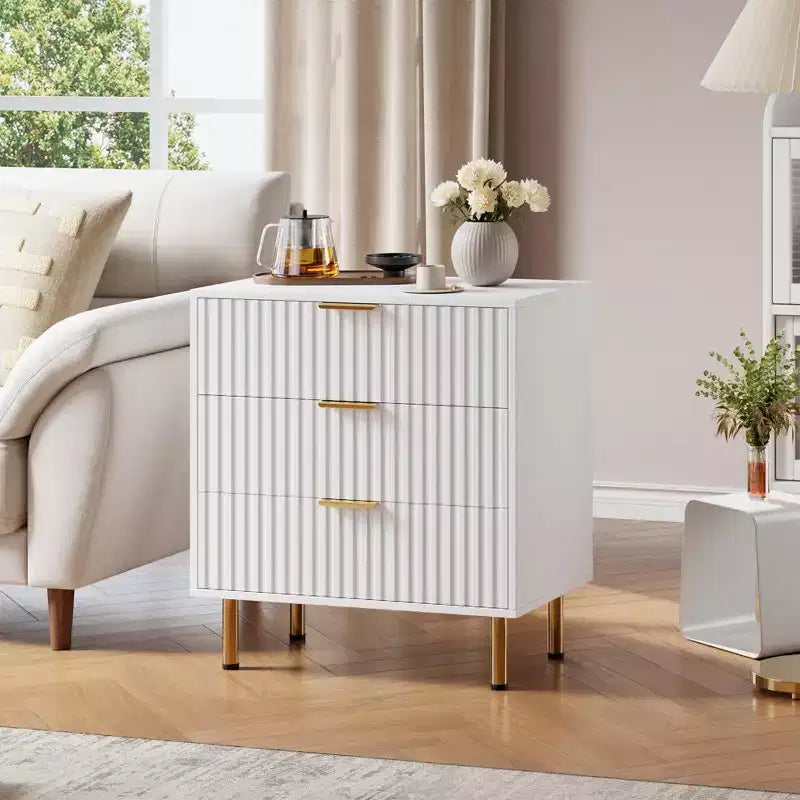 Comò a 3 cassetti per camera da letto, comodino moderno scanalato, cassettiera, organizer in legno, tavolino per soggiorno, corridoio