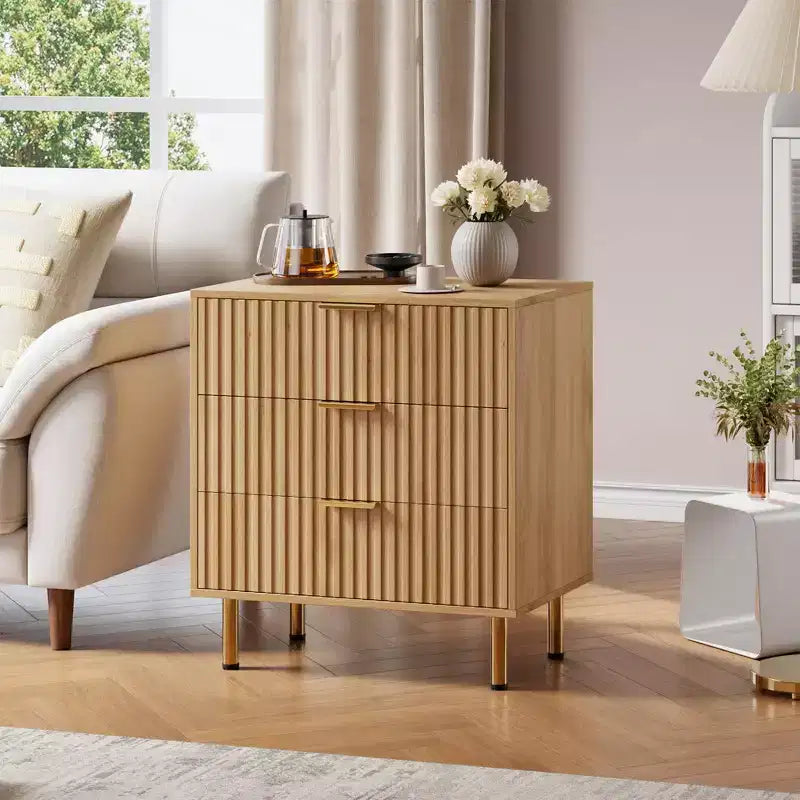 Comò a 3 cassetti per camera da letto, comodino moderno scanalato, cassettiera, organizer in legno, tavolino per soggiorno, corridoio