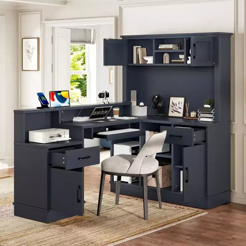 Scrivania angolare a L da 76.7" con presa di corrente, cassetti e libreria, Scrivania angolare moderna per gaming e ufficio domestico