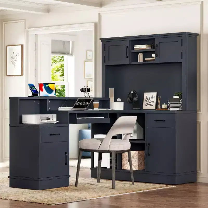 Scrivania angolare a L da 76.7" con presa di corrente, cassetti e libreria, Scrivania angolare moderna per gaming e ufficio domestico