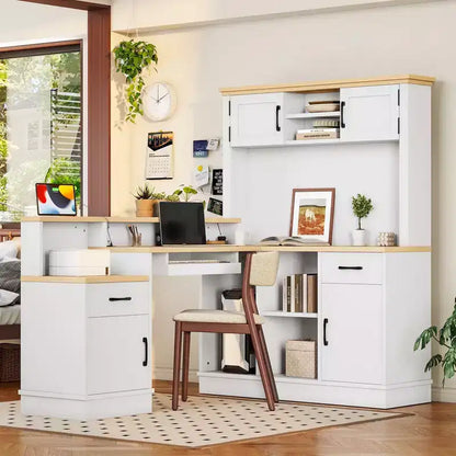 TUYOHW 76.7 L-Shaped Computer Desk,Writing Desk with Outlet,Drawers & Bookshelf,Modern Corner Desk with Storage for Gaming,Study,Home Office