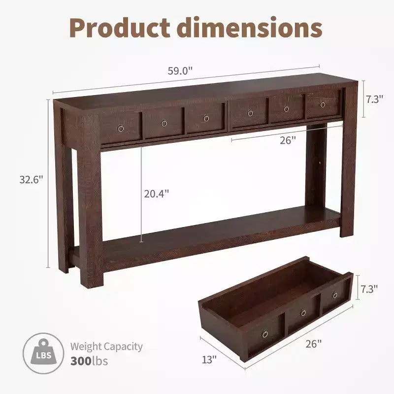 Tavolo Consolle da Fattoria 59'' (150 cm), Tavolo da Ingresso in Legno con 2 Cassetti e Ripiano Portaoggetti Aperto su 2 Livelli, Robuste Gambe a L, MDF Antigraffio
