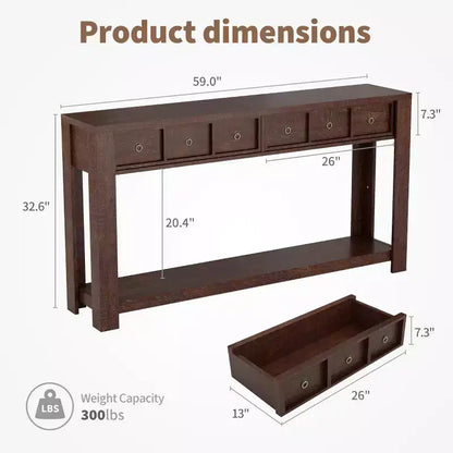 Tavolo Consolle da Fattoria 59'' (150 cm), Tavolo da Ingresso in Legno con 2 Cassetti e Ripiano Portaoggetti Aperto su 2 Livelli, Robuste Gambe a L, MDF Antigraffio