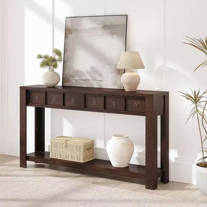 Tavolo Consolle da Fattoria 59'' (150 cm), Tavolo da Ingresso in Legno con 2 Cassetti e Ripiano Portaoggetti Aperto su 2 Livelli, Robuste Gambe a L, MDF Antigraffio