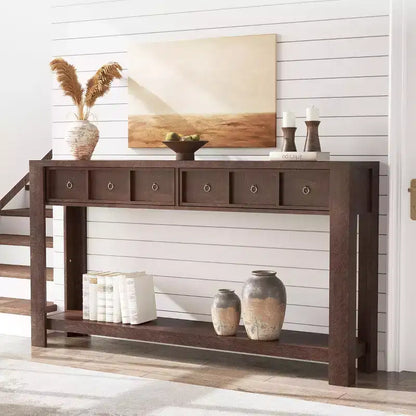 Tavolo Consolle da Fattoria 59'' (150 cm), Tavolo da Ingresso in Legno con 2 Cassetti e Ripiano Portaoggetti Aperto su 2 Livelli, Robuste Gambe a L, MDF Antigraffio