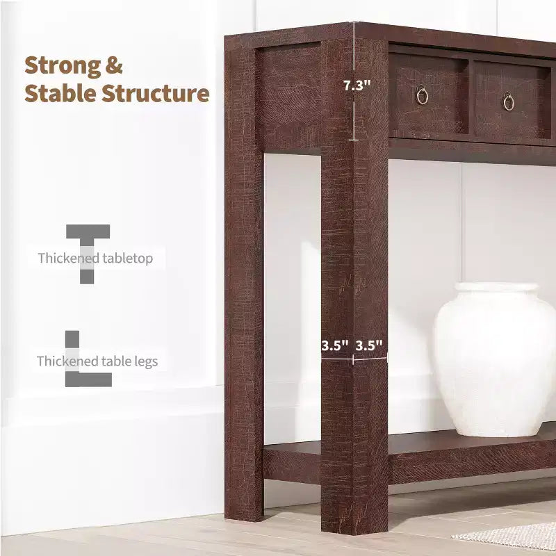Tavolo Consolle da Fattoria 59'' (150 cm), Tavolo da Ingresso in Legno con 2 Cassetti e Ripiano Portaoggetti Aperto su 2 Livelli, Robuste Gambe a L, MDF Antigraffio
