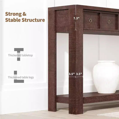 Tavolo Consolle da Fattoria 59'' (150 cm), Tavolo da Ingresso in Legno con 2 Cassetti e Ripiano Portaoggetti Aperto su 2 Livelli, Robuste Gambe a L, MDF Antigraffio