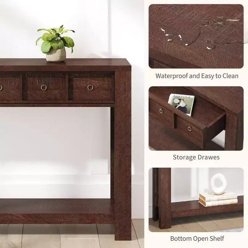 Tavolo Consolle da Fattoria 59'' (150 cm), Tavolo da Ingresso in Legno con 2 Cassetti e Ripiano Portaoggetti Aperto su 2 Livelli, Robuste Gambe a L, MDF Antigraffio