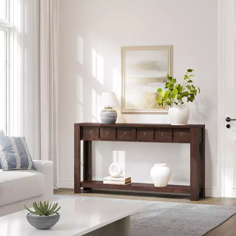 Tavolo Consolle da Fattoria 59'' (150 cm), Tavolo da Ingresso in Legno con 2 Cassetti e Ripiano Portaoggetti Aperto su 2 Livelli, Robuste Gambe a L, MDF Antigraffio
