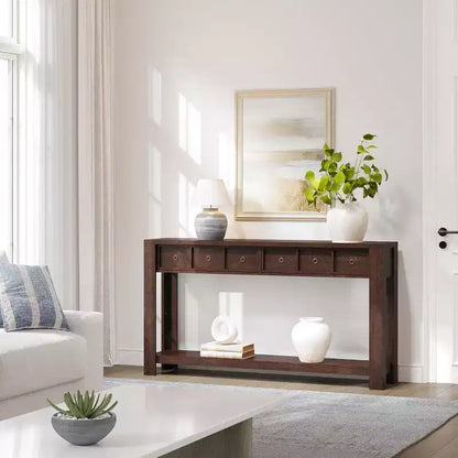 Tavolo Consolle da Fattoria 59'' (150 cm), Tavolo da Ingresso in Legno con 2 Cassetti e Ripiano Portaoggetti Aperto su 2 Livelli, Robuste Gambe a L, MDF Antigraffio