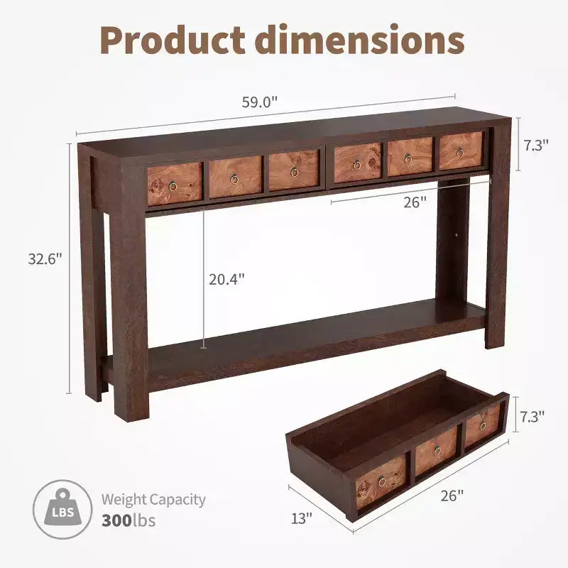 Tavolo Consolle da Fattoria 59'' (150 cm), Tavolo da Ingresso in Legno con 2 Cassetti e Ripiano Portaoggetti Aperto su 2 Livelli, Robuste Gambe a L, MDF Antigraffio