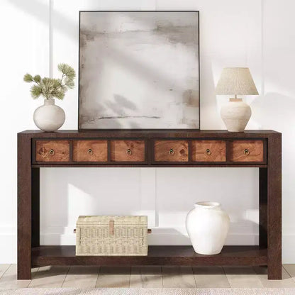 Tavolo Consolle da Fattoria 59'' (150 cm), Tavolo da Ingresso in Legno con 2 Cassetti e Ripiano Portaoggetti Aperto su 2 Livelli, Robuste Gambe a L, MDF Antigraffio