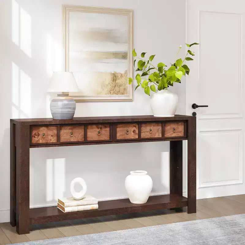 Tavolo Consolle da Fattoria 59'' (150 cm), Tavolo da Ingresso in Legno con 2 Cassetti e Ripiano Portaoggetti Aperto su 2 Livelli, Robuste Gambe a L, MDF Antigraffio
